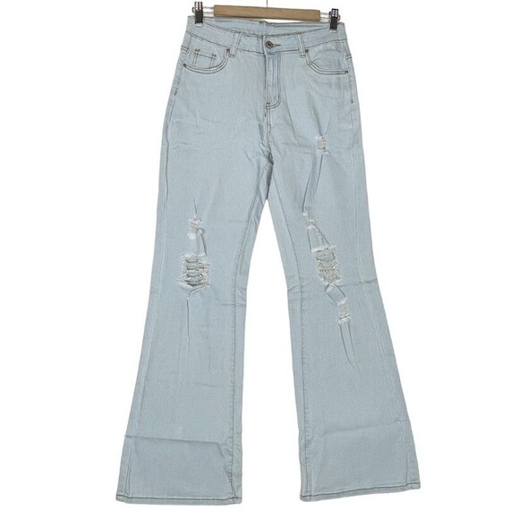 New Women’s Light Wash Distressed Flare Jeans Sz M Fits L XL Stretch High Rise - Picture 3 of 16